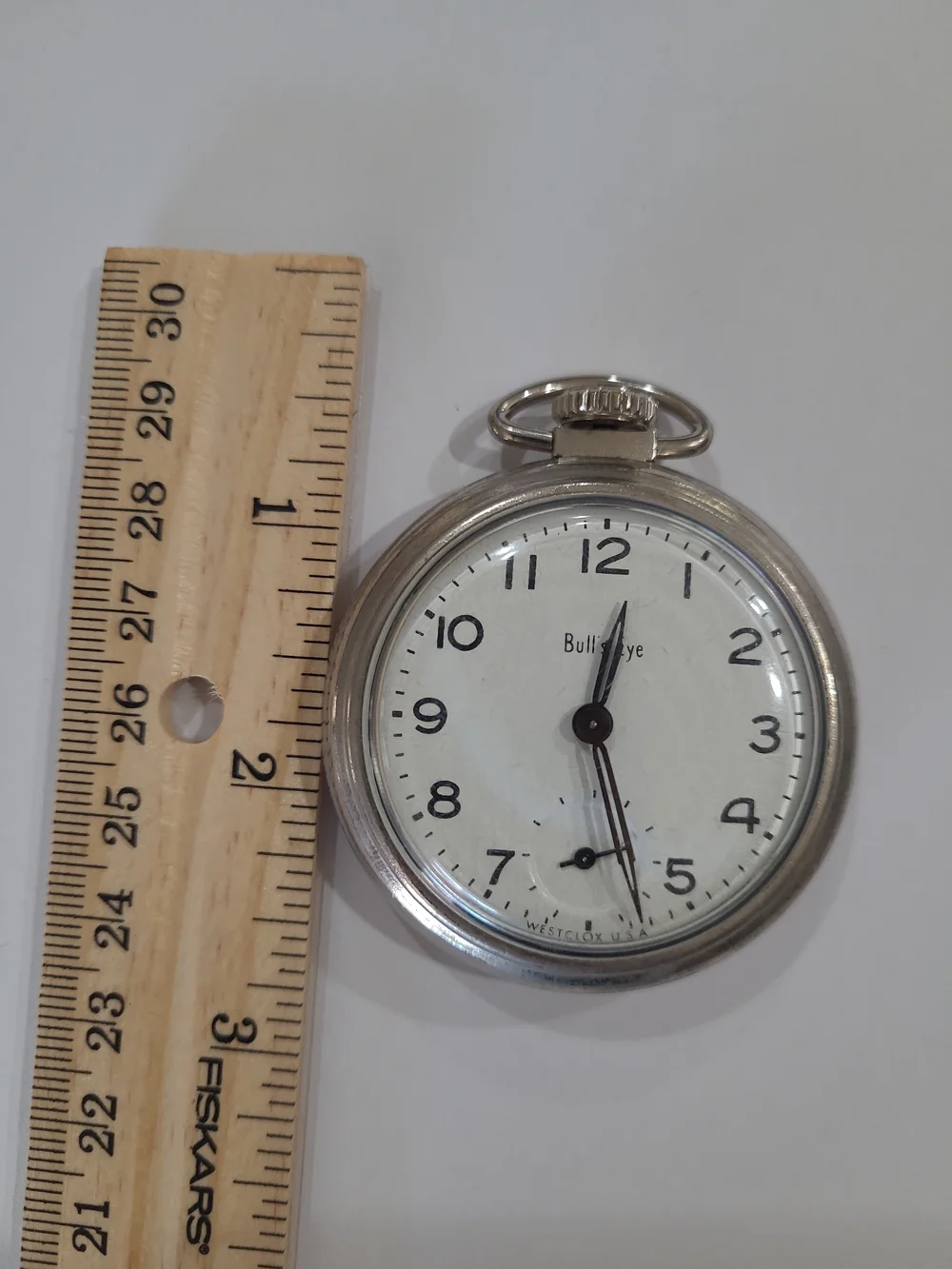Vintage Westclox Bull's Eye Silver Tone Pocket Watch  White Dial Manual Wind USA